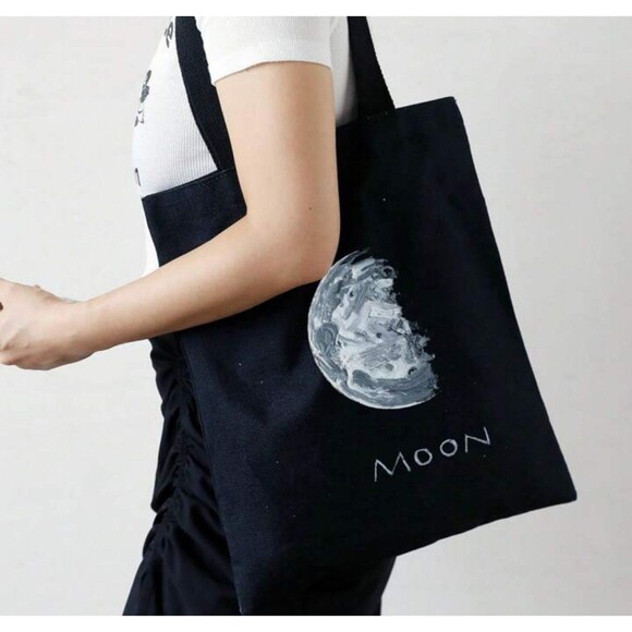Moon Graphic Black Canvas Tote Bag Shoulder Bag Shopping Bag - Picture 1 of 4